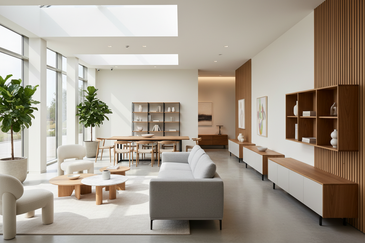 Genera una imagen como si fuera un Showroom, con muchos Muebles, Moderno y estetico